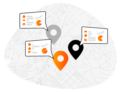 Illustration représentant les capacités des GéoIndicateurs, avec une cible, une carte et des graphiques statistiques mettant en avant l’analyse de données et les insights.