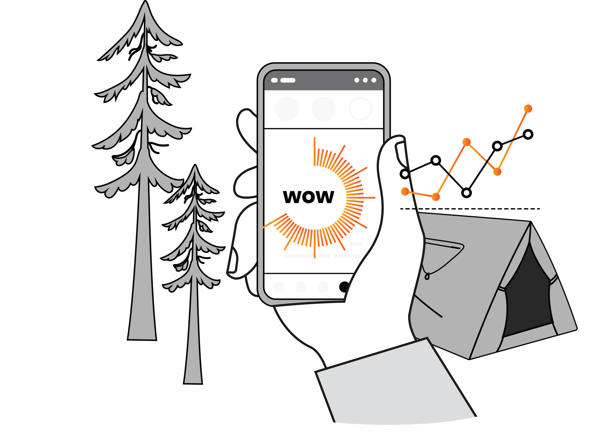 Illustration tente et forêt avec tente de camping et un cellulaire qui reçoit une notification