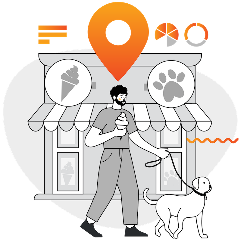 llustration en couleur représentant un homme promenant son chien avec une crème glacée à la main, une cible au-dessus de lui, et deux commerces en arrière-plan – une crèmerie et une animalerie – pour illustrer les affinités entre ces types de commerces. + Des illustrations abstraites représentant des statistiques, avec des graphiques et des icônes de données pour visualiser les tendances.