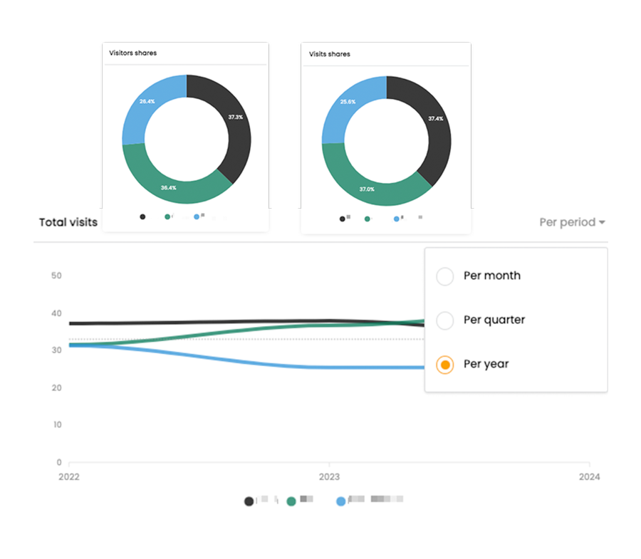 Screenshots of the market share report modules, showcasing visit distribution by competitors, visit and visitor shares, and their evolution over time.