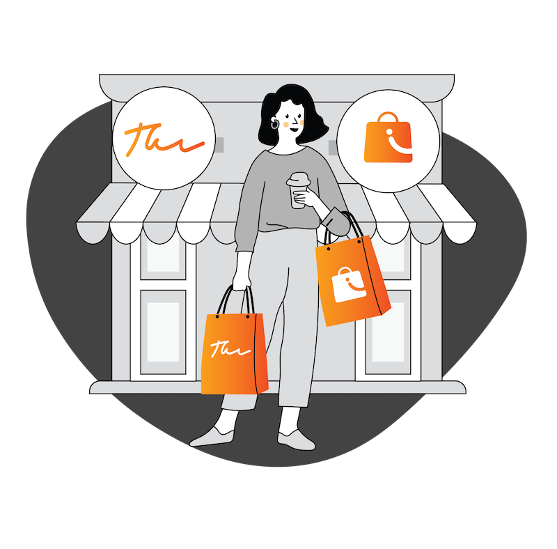 Illustration en couleur représentant une femme tenant deux sacs de marques différentes, devant deux enseignes différentes, démontrer les visites croisées entre ces types de commerces.