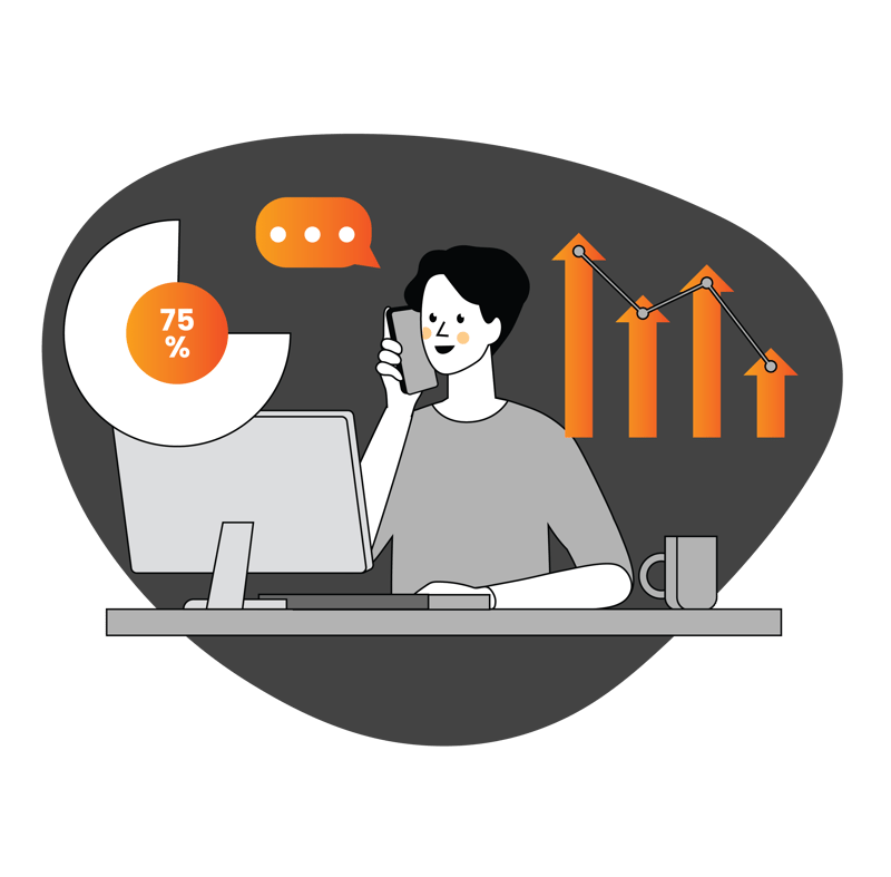 llustration of a person managing files on a computer while talking on the phone, surrounded by charts displaying upward trends and other analytical data.