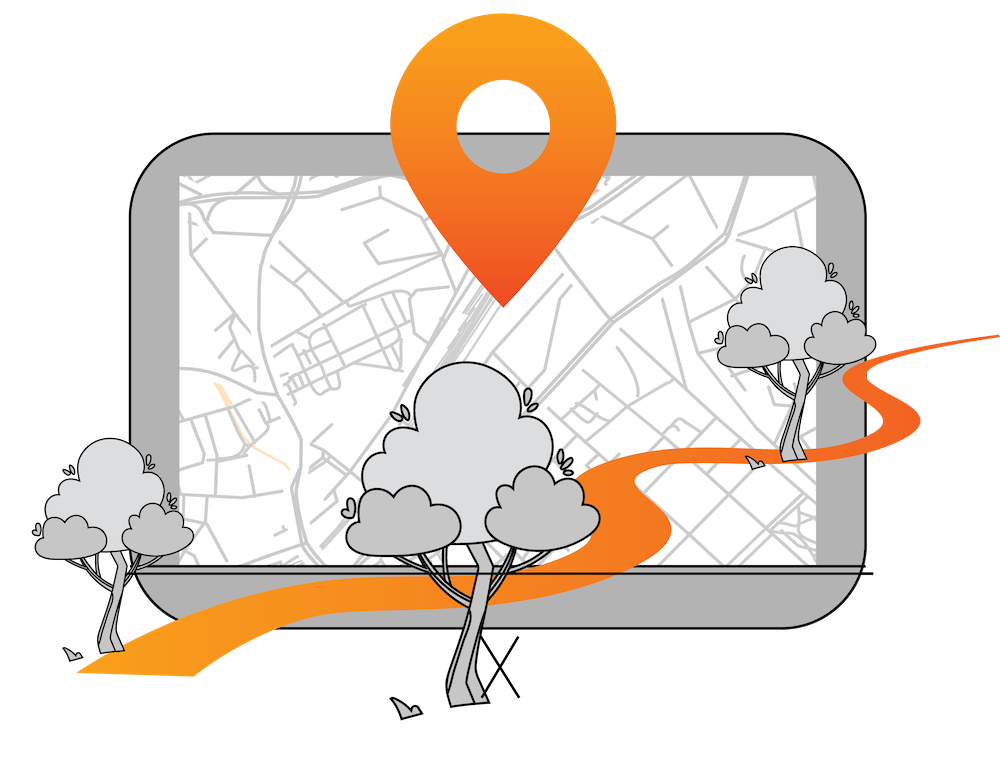 carte avec cible orange traversée par un sentier lié par 3 arbres