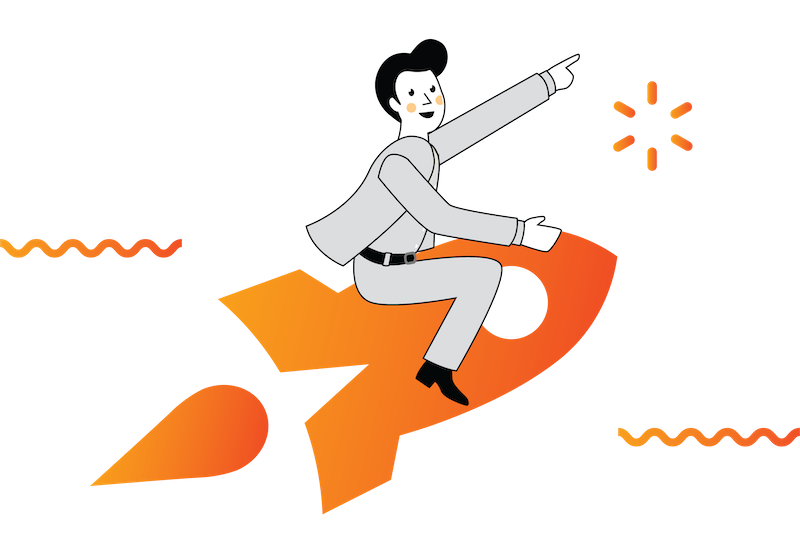 Illustration of a character with a cape, propelled by a rocket, symbolizing growth, innovation, and performance.